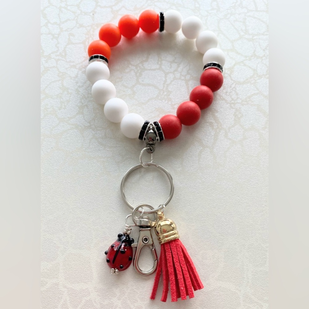 Red and White Beaded Keychain Wristlet Bracelet with Ladybug Charm